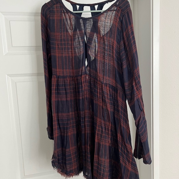 Free People Fall Autumn Plaid Cutout Ribbon Tunic Dress size Large L - Picture 1 of 6